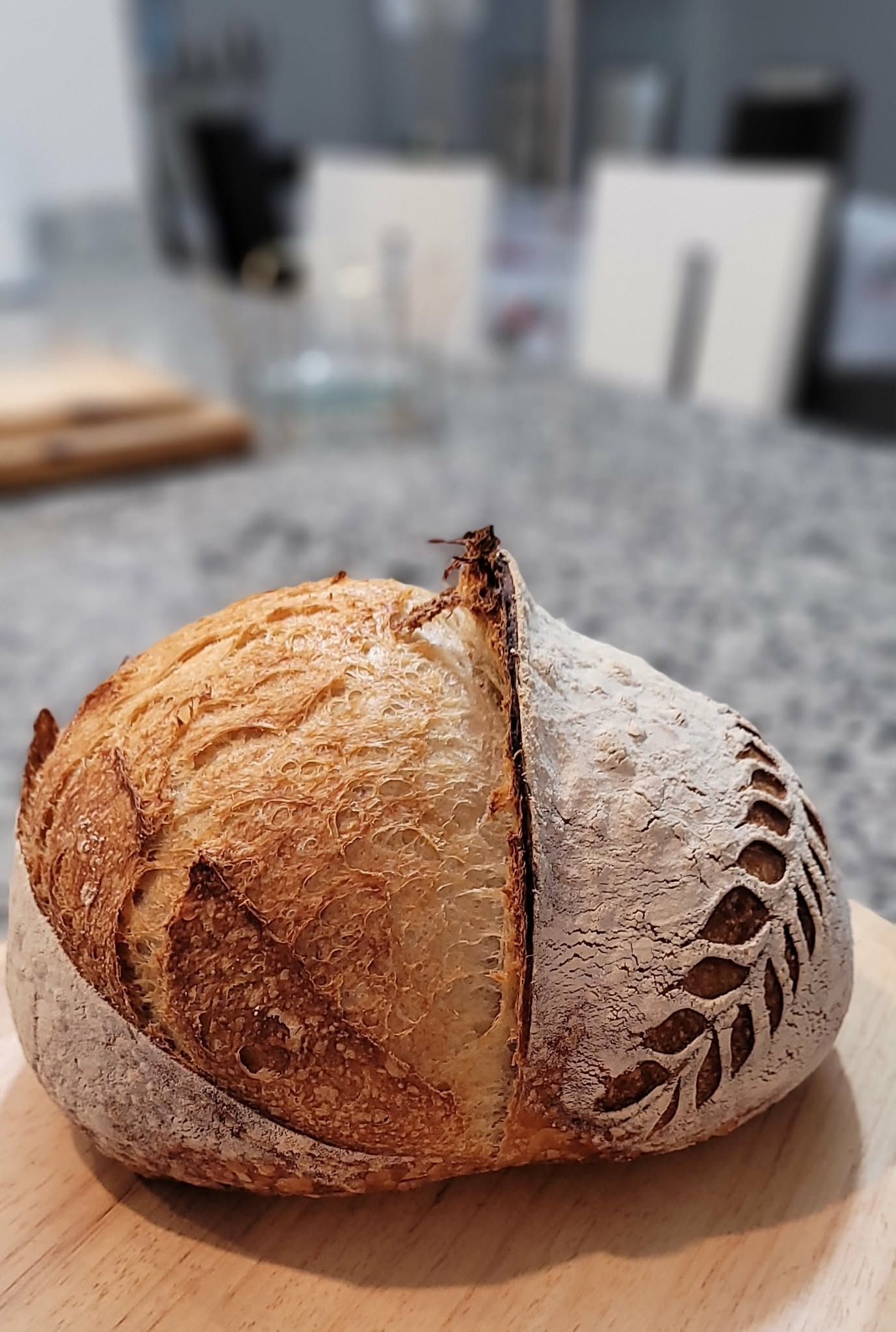 A single sourdough loaf with a decorative fern scoring pattern, baked from this starter.