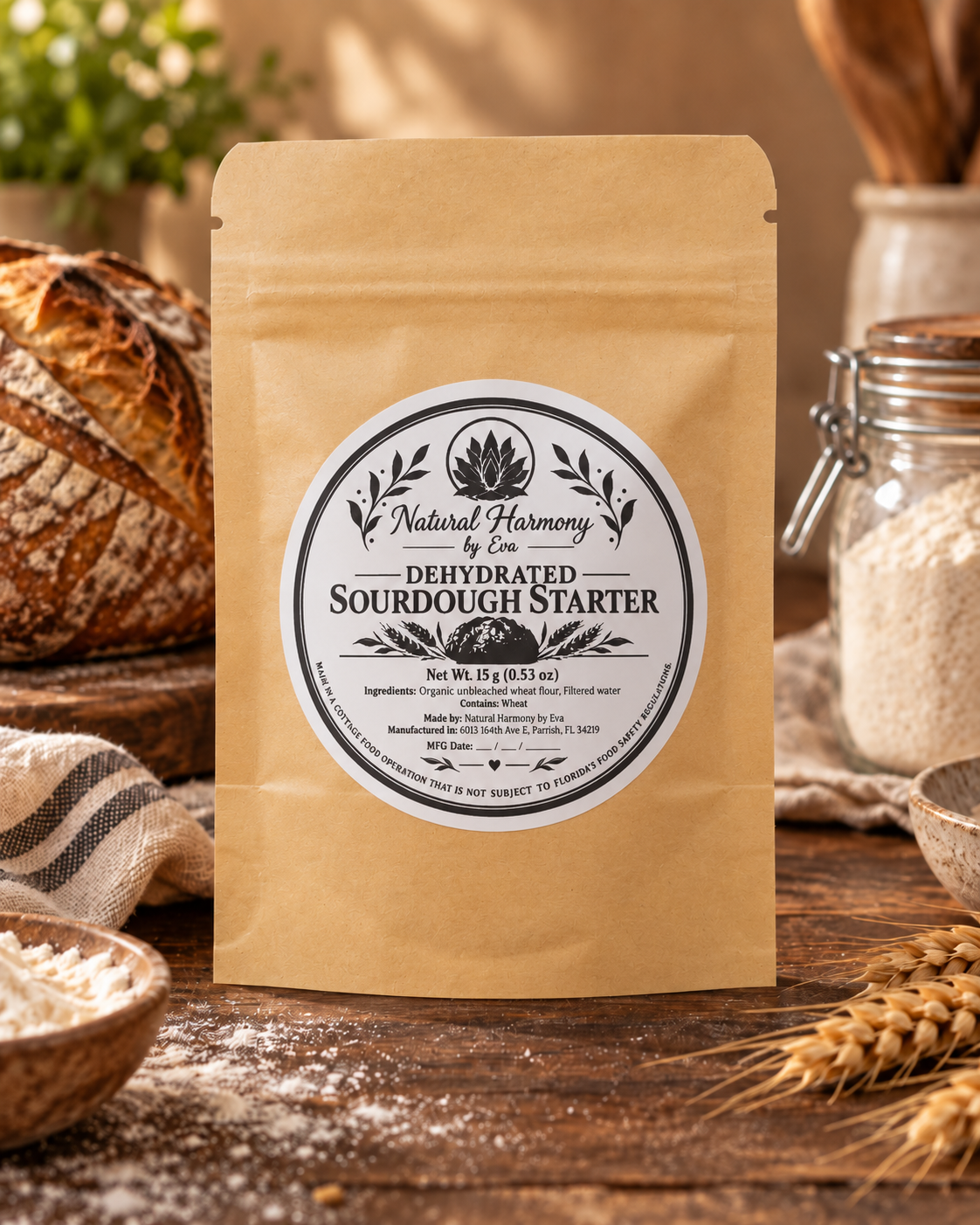 Natural Harmony by Eva dehydrated sourdough starter pouch, showing the round label with net weight and ingredients