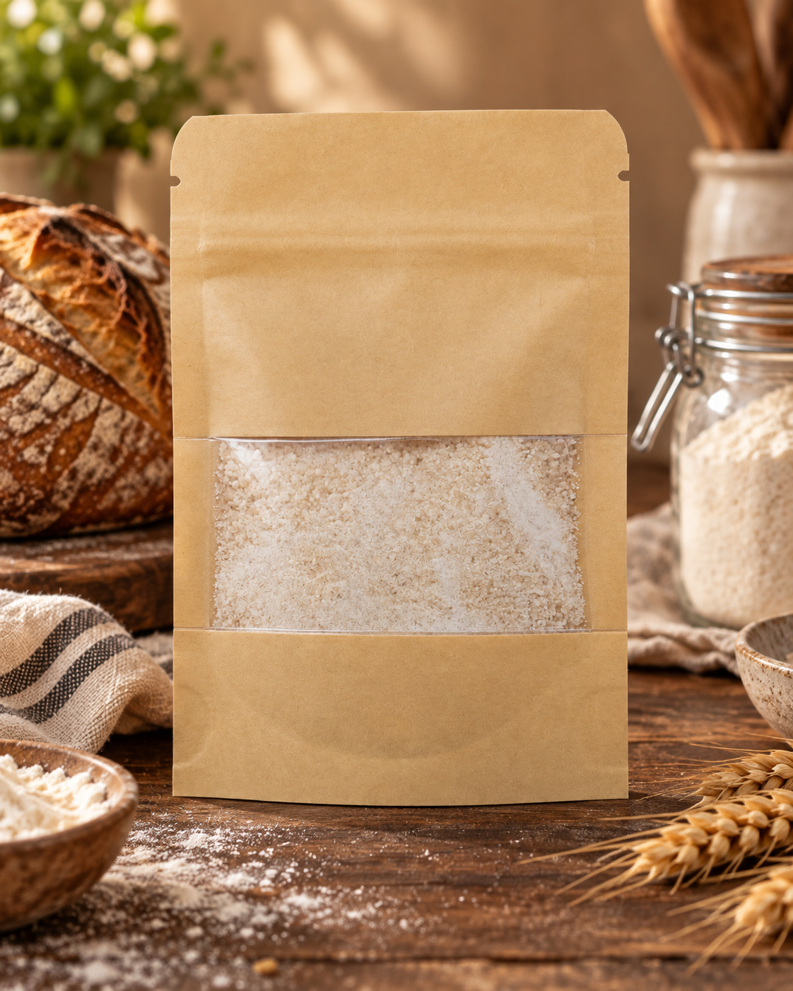 Natural Harmony by Eva dehydrated sourdough starter pouch, front view showing the clear window